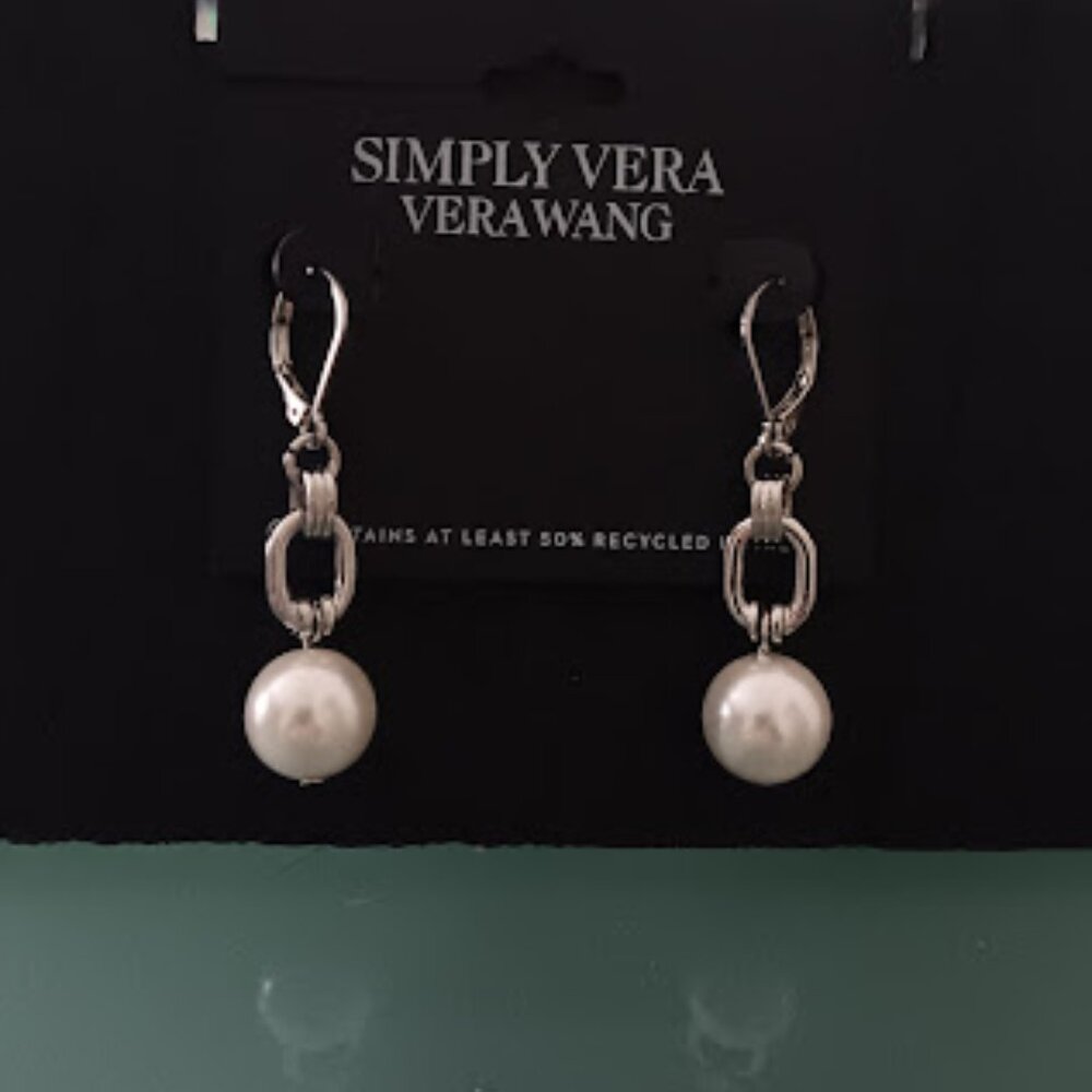 VERA WANG Mod/Contemporary Silver Smooth/Textured White Pearl Drop Earrings**NEW - Picture 3 of 3